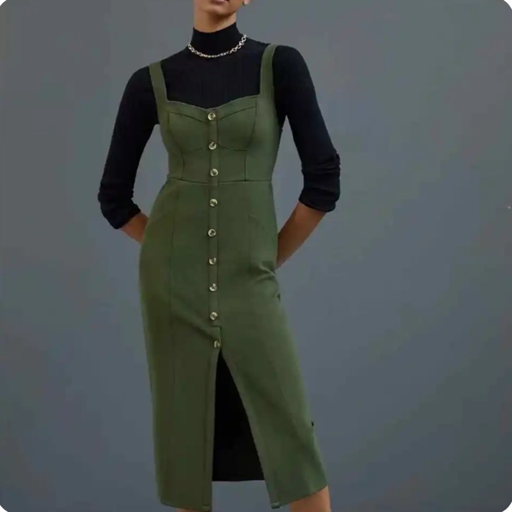 Maeve Anthropologie sleeveless midi dress button down olive green Sz 12
